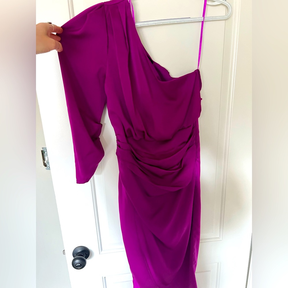 Worn once! Silky cocktail dress! Beautiful color, one shouldered, side zipper